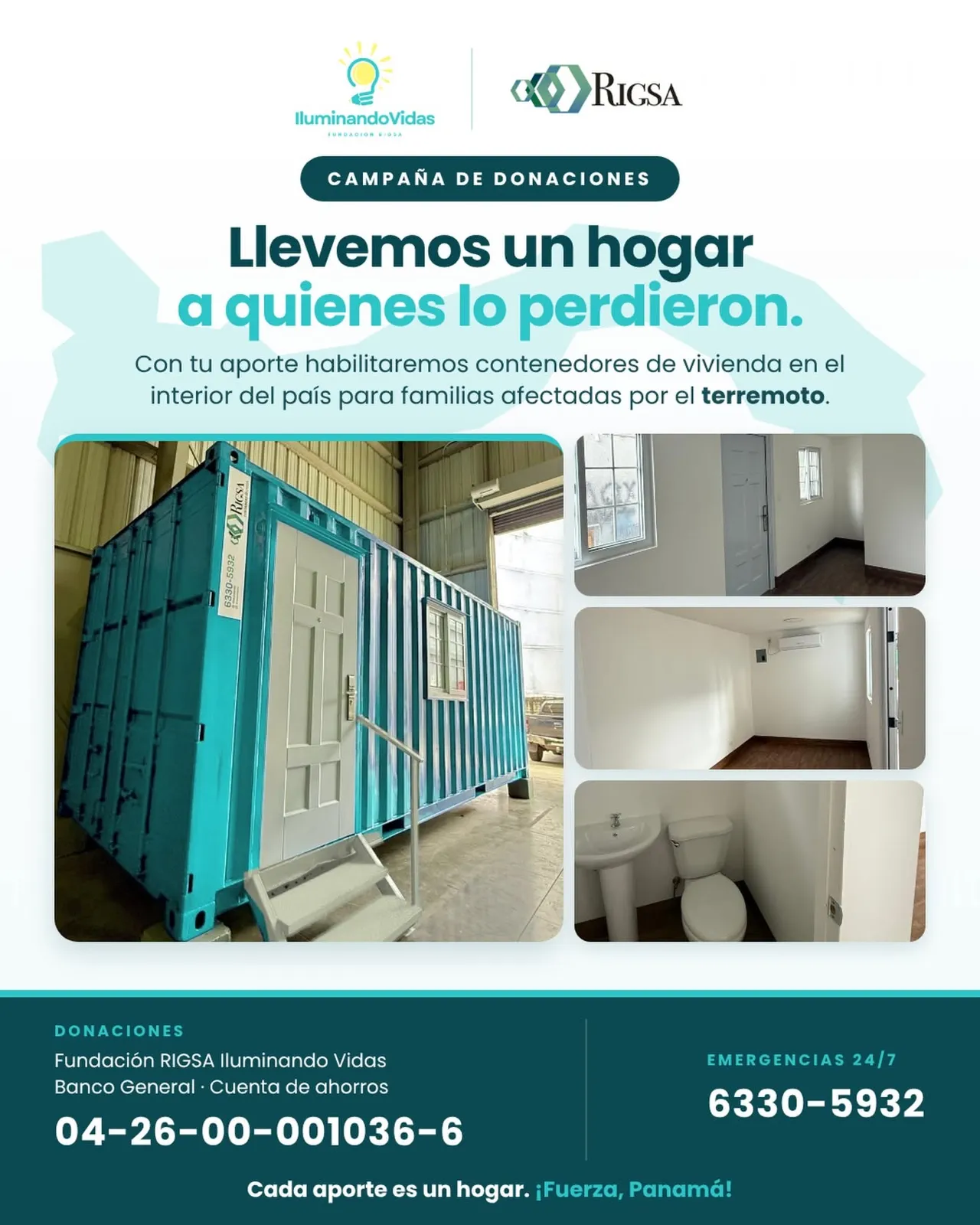 Afiche de la campaña de donaciones de la Fundación RIGSA Iluminando Vidas: Llevemos un hogar a quienes lo perdieron
