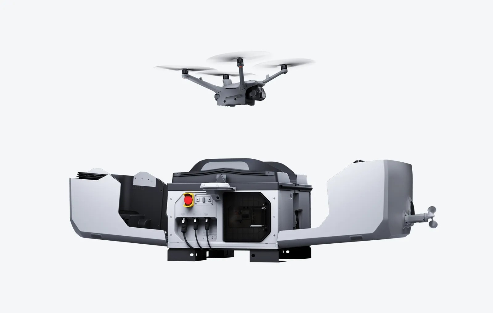 Estación autónoma DJI Dock 3 abierta con el dron despegando