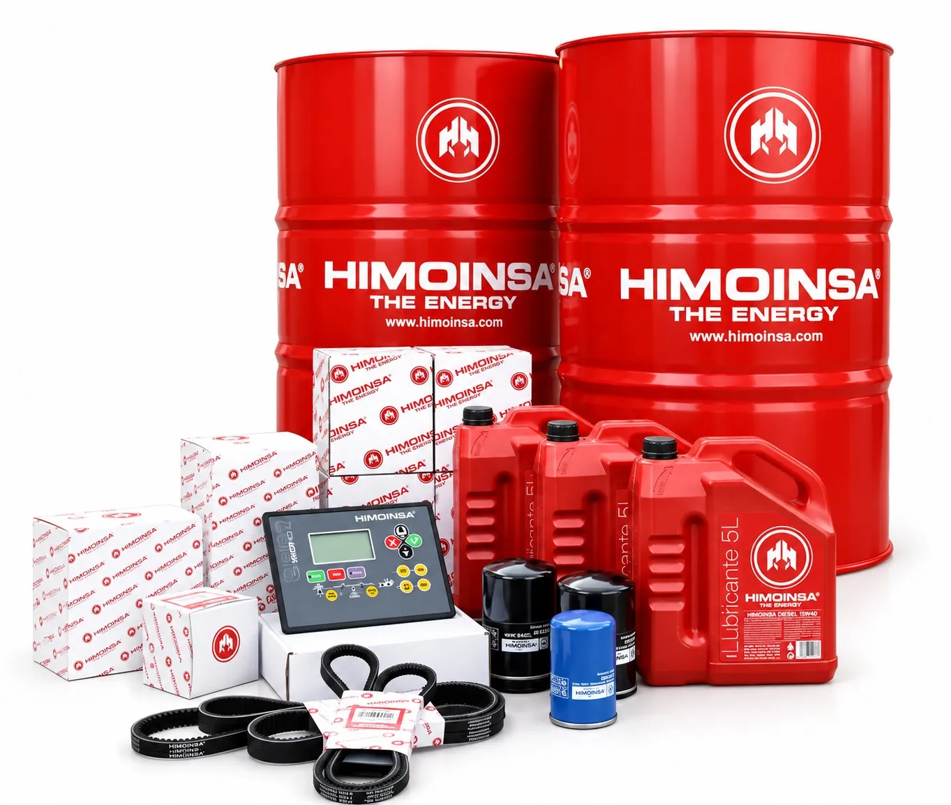Repuestos originales Himoinsa: tambores y envases de lubricante, filtros, correas y panel de control