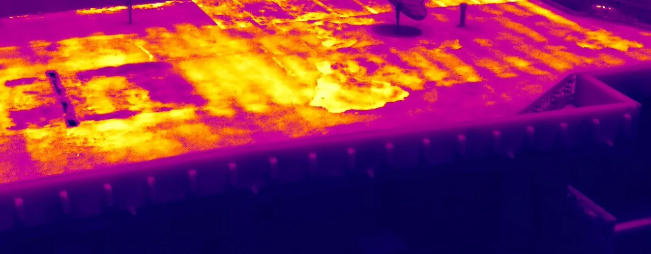 Imagen térmica de la cubierta de un edificio tomada con dron: las zonas más claras indican posible humedad retenida